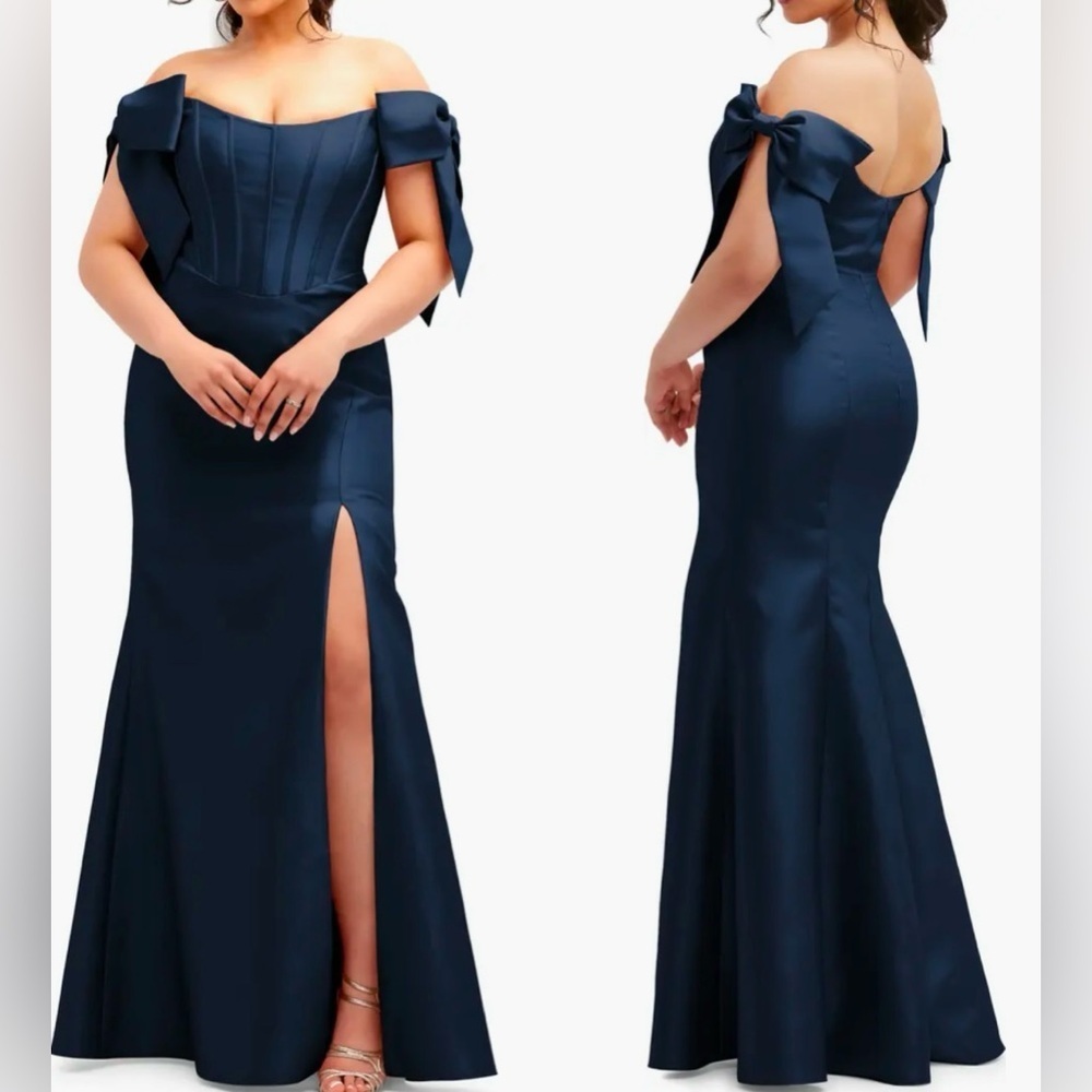 NWOT Alfred Sung Off the Shoulder Bow Corset Satin Trumpet Gown Navy sz 8